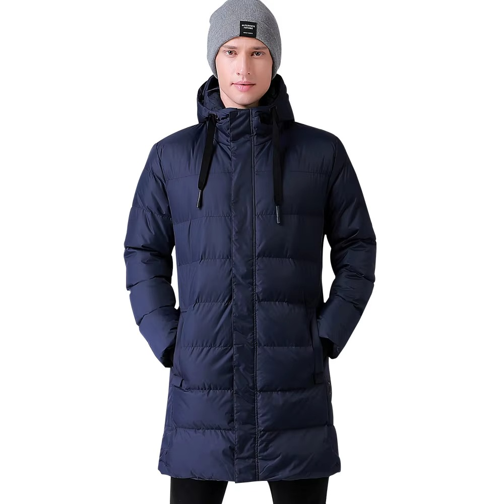 Long black heated down coat with hood and USB warming technology for full-body winter coverage