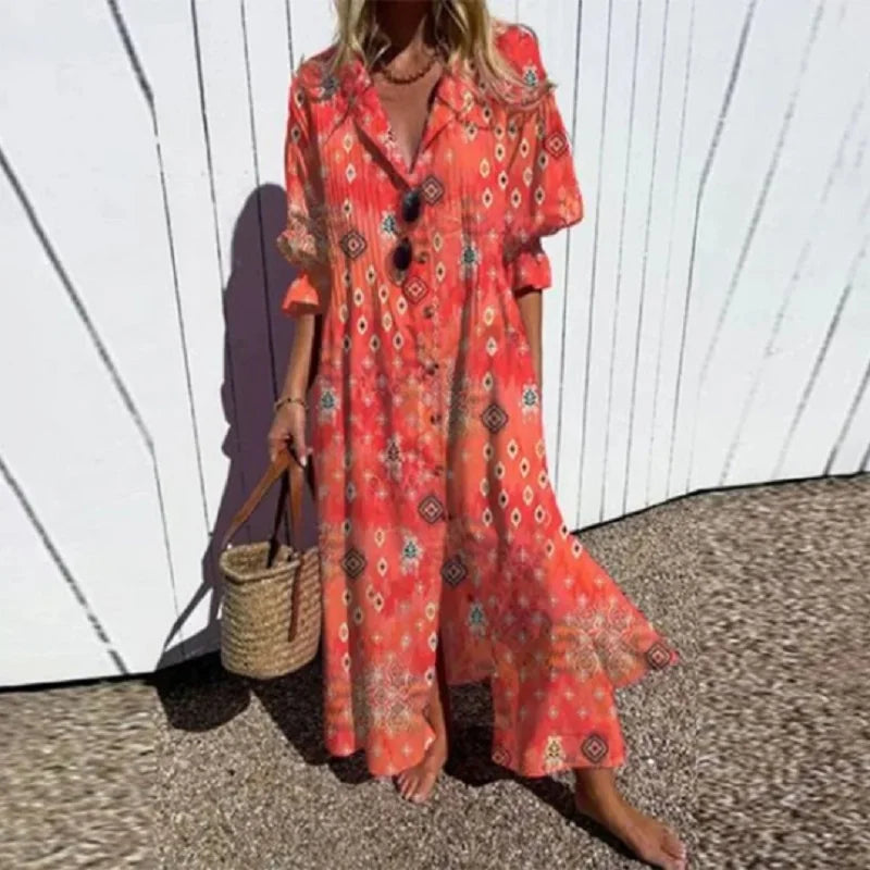 Flowy bohemian midi dress in soft floral print, lightweight fabric with elegant flattering silhouette