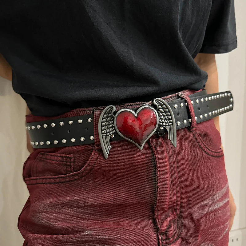 Adjustable denim belt with bold metal studs, unisex edgy style, fits waist 28–36 inches