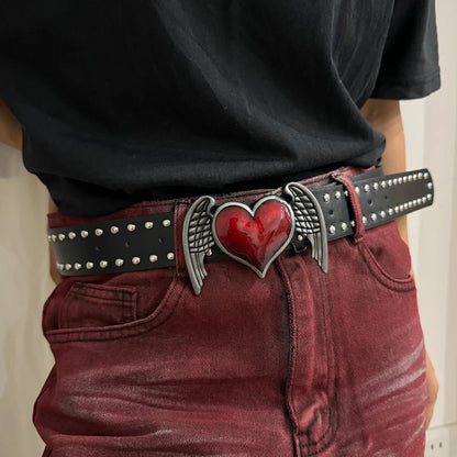 Adjustable denim belt with bold metal studs, unisex edgy style, fits waist 28–36 inches