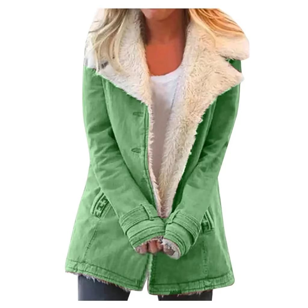 Women's cozy plush lapel coat warm soft polyester blend tailored collar autumn winter outerwear