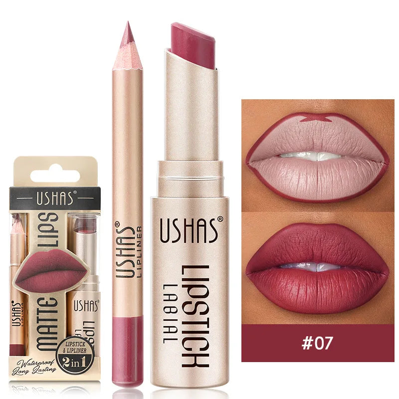 Dual-purpose matte lipstick and liner combo with precise sculpting tip for flawless long-lasting color