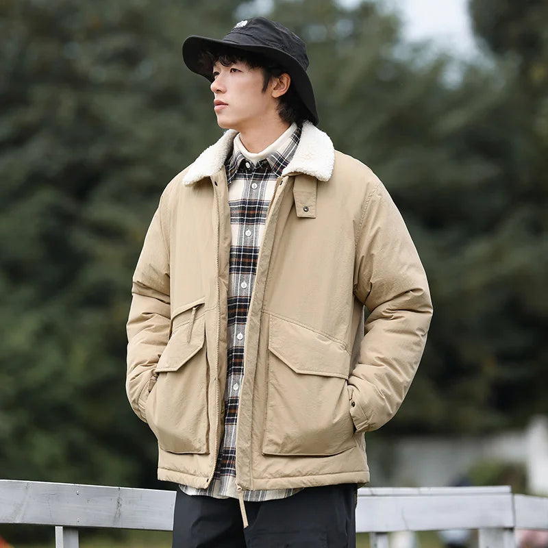 Oversized boxy puffer coat with white sherpa collar, old-country inspired modern outerwear