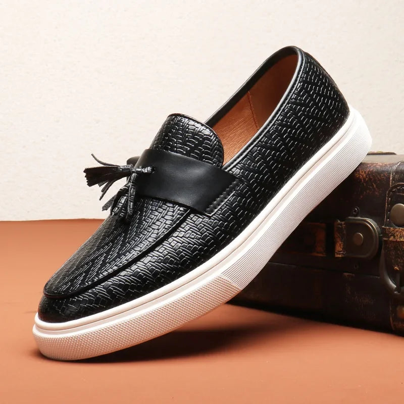 Men's brown chevron weave leather loafers slip-on style with cushioned insole and lightweight rubber sole