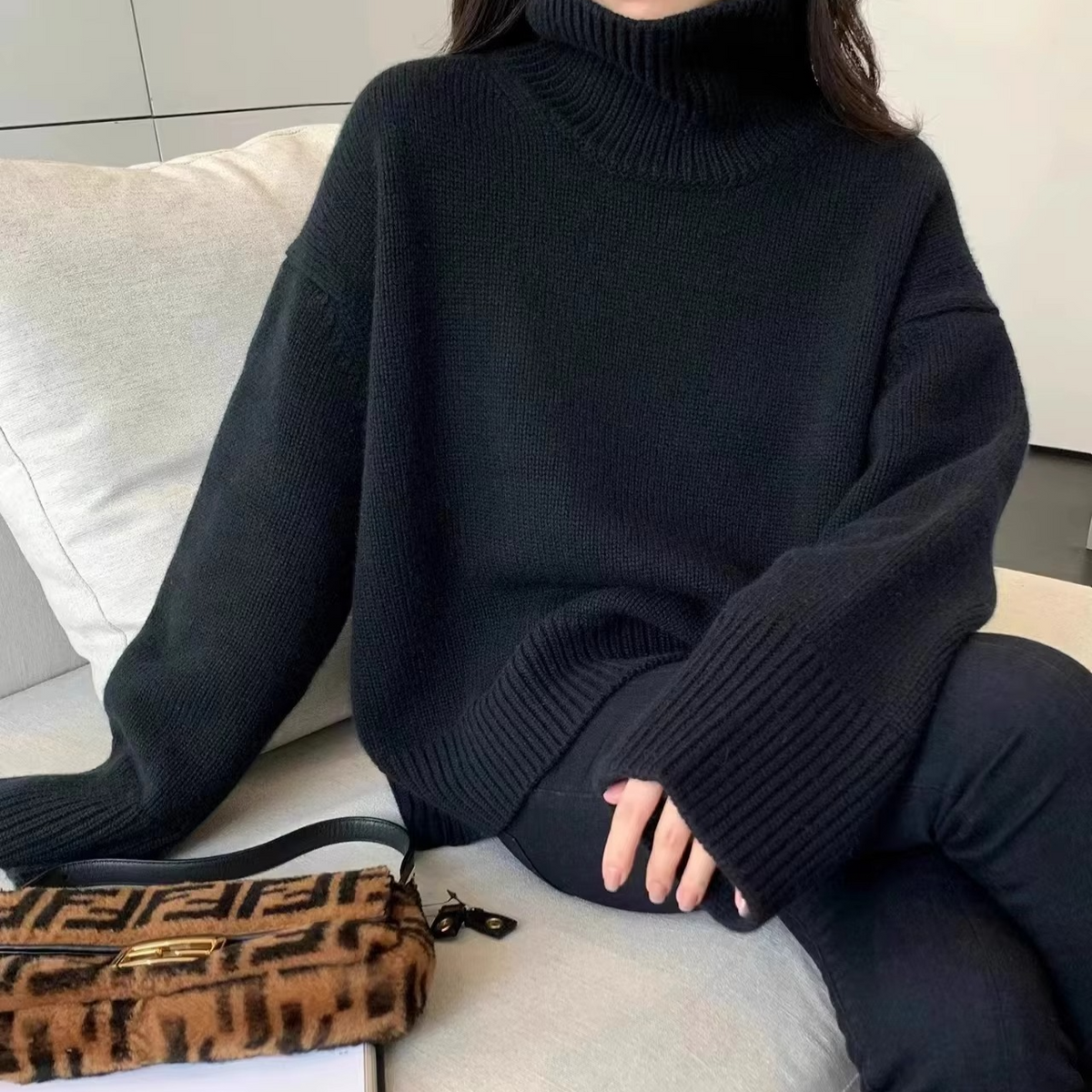 Women's cashmere blend high neck sweater, thick knit pullover in cozy neutral tone for everyday warmth