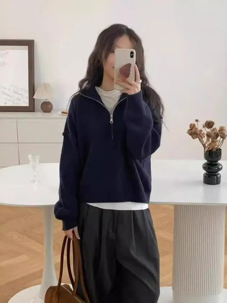 Aurora high neck knit sweater in cozy fabric with half-zipper closure for chic autumn style