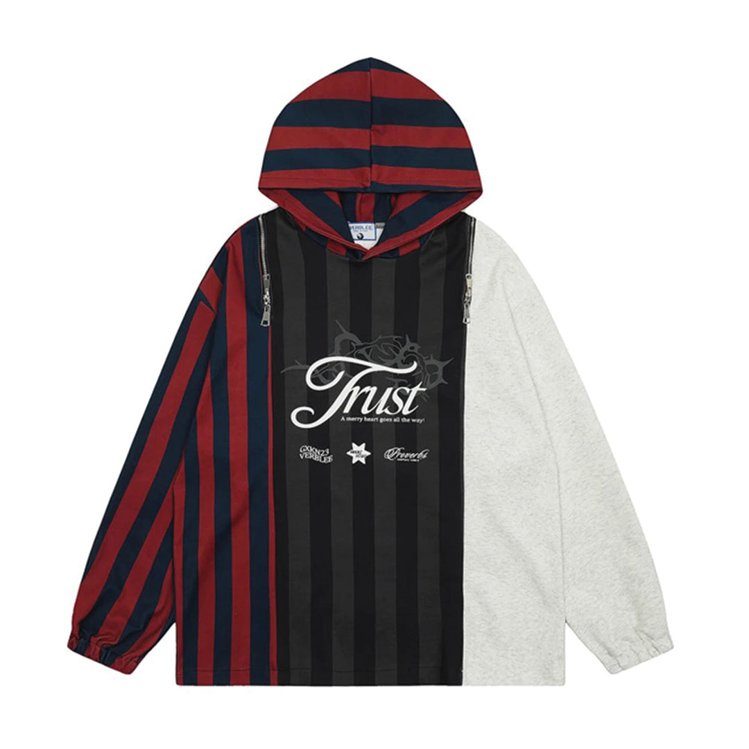 Striped patchwork pullover hoodie with bold Trust graphic print and zippered shoulder detail