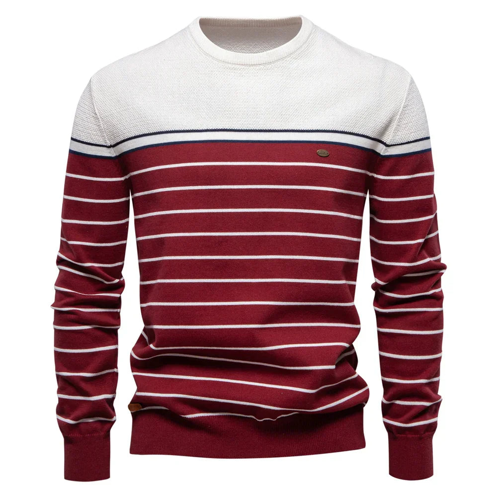 Men's striped crewneck sweater in classic multicolor pattern with modern slim-fit silhouette