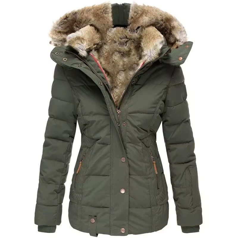 Women's slim fit hooded cotton coat with wool collar, chic everyday warmth