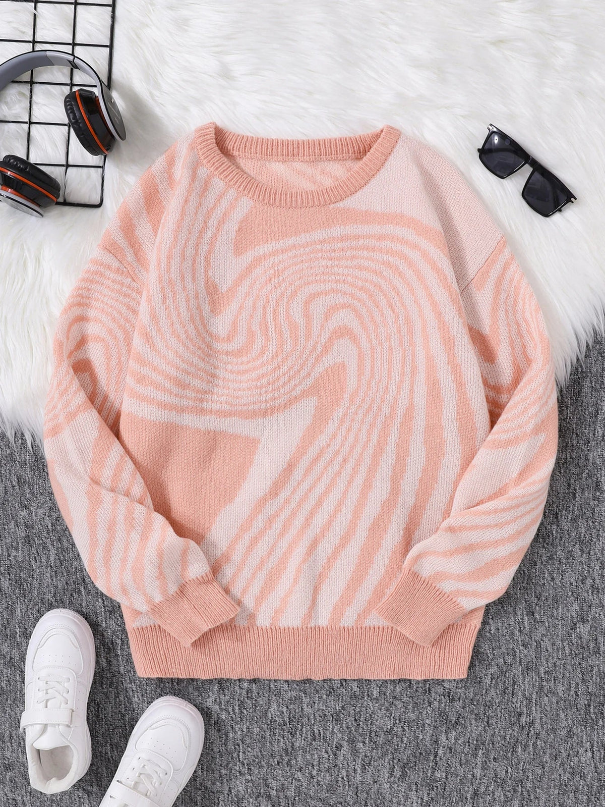 Multicolor abstract wool pullover with maze-inspired jacquard pattern, relaxed silhouette, and ribbed cuffs