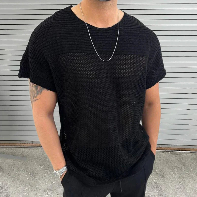 Men's breathable mesh-knit crew neck tee relaxed streetwear fit lightweight cotton-blend summer shirt