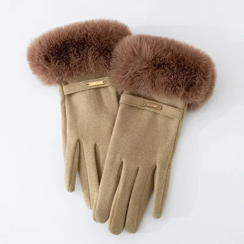 Women's fitted wrist-length gloves with chic fur cuff and subtle metallic accent for casual wear