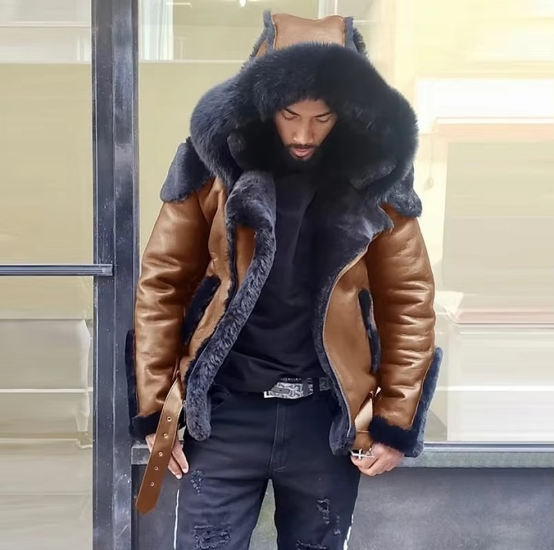 Men's black heavyweight leather jacket with faux fur collar and warm wool lining for winter