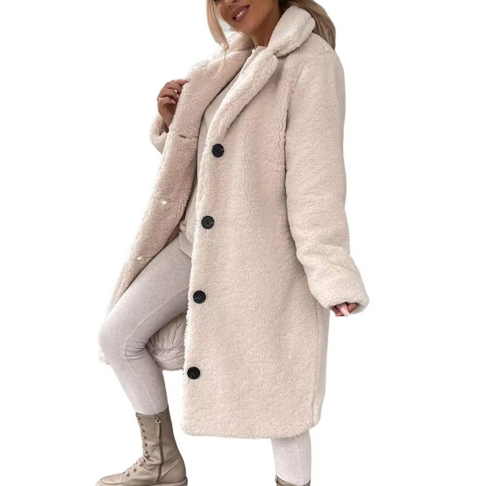 Women's oversized teddy faux fur longline winter trench coat in plush high-pile texture