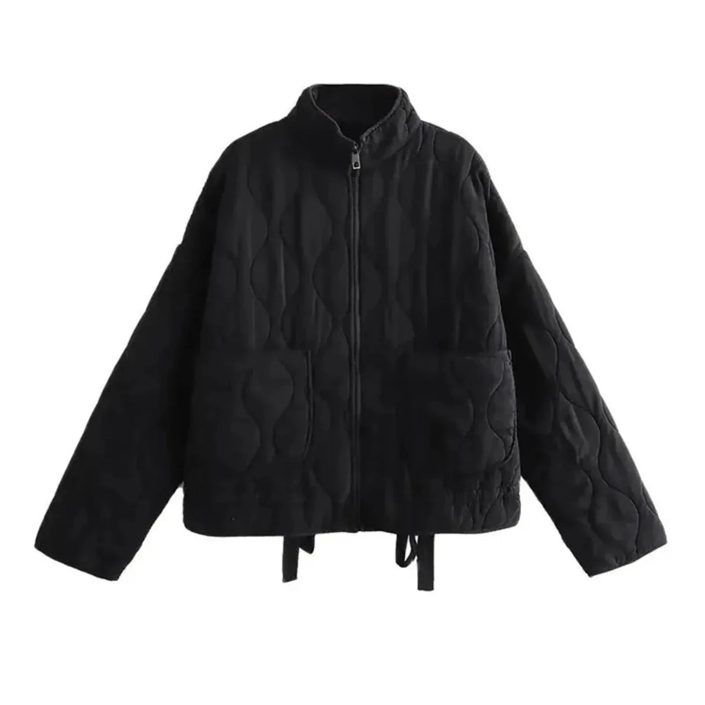 Black quilted bomber jacket with padded insulation, zipper closure, and tailored flattering fit