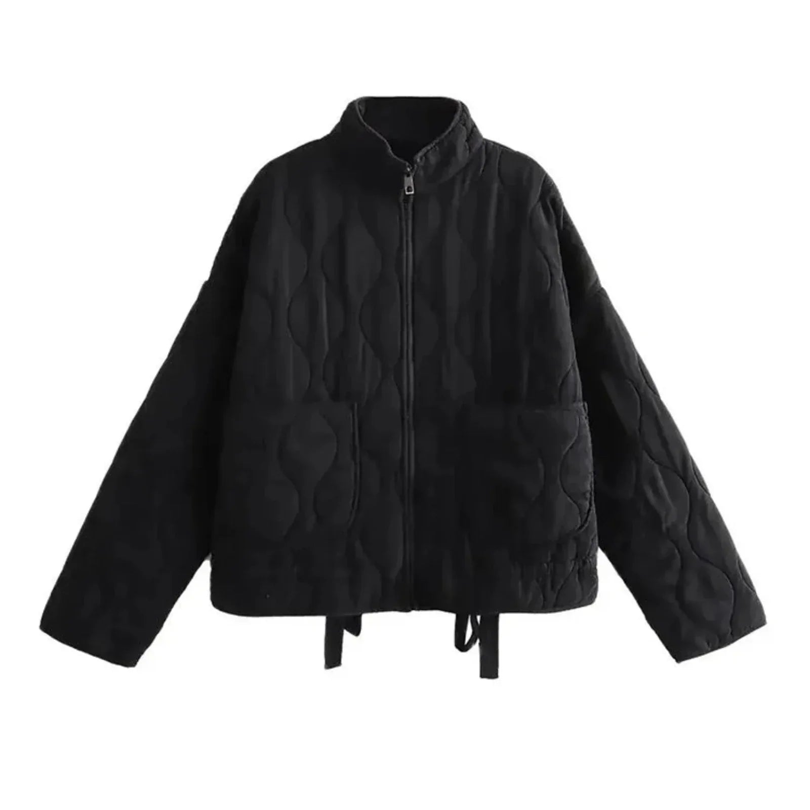 Black quilted bomber jacket with padded insulation, zipper closure, and tailored flattering fit