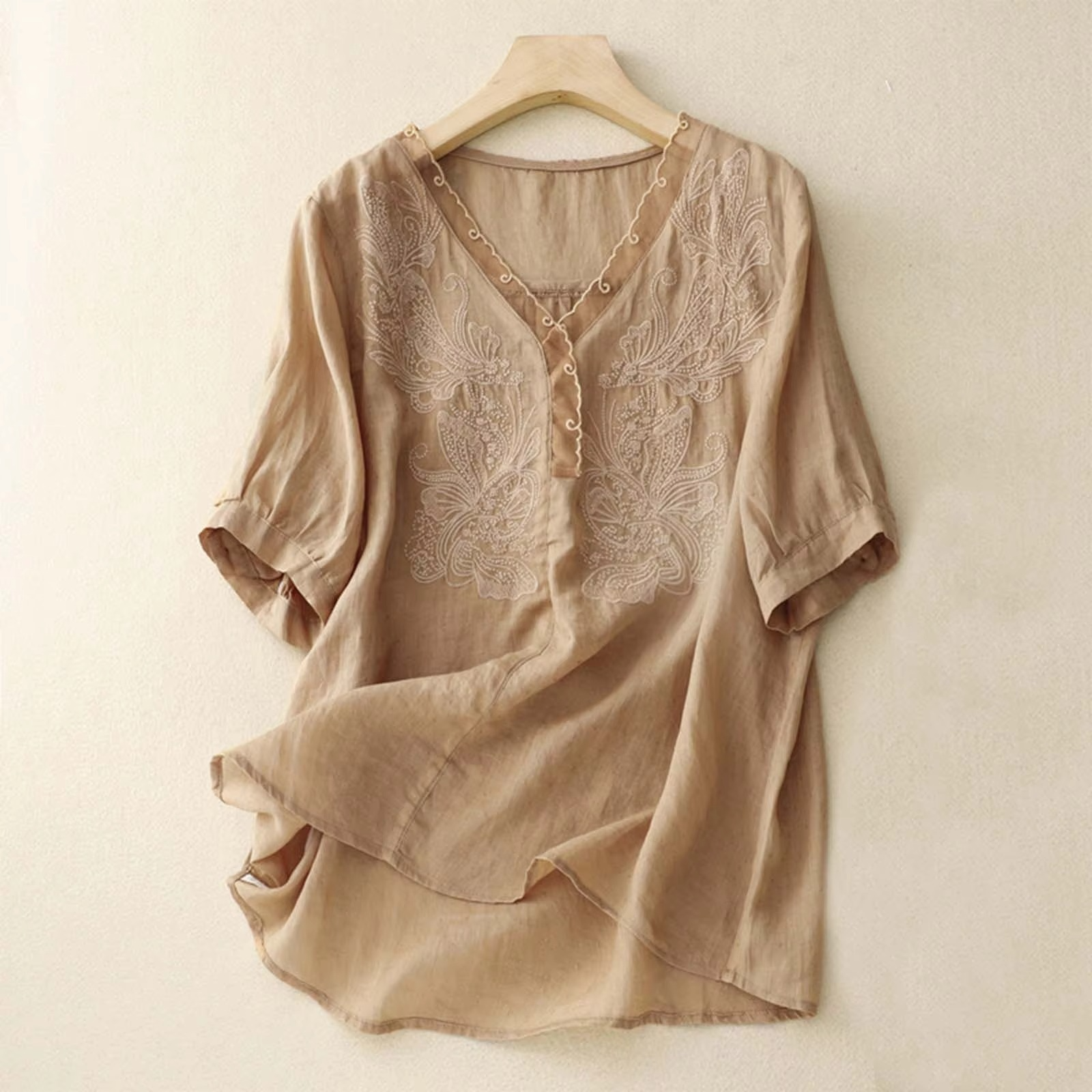Women's vintage cotton linen V-neck blouse, breathable lightweight summer top with relaxed fit