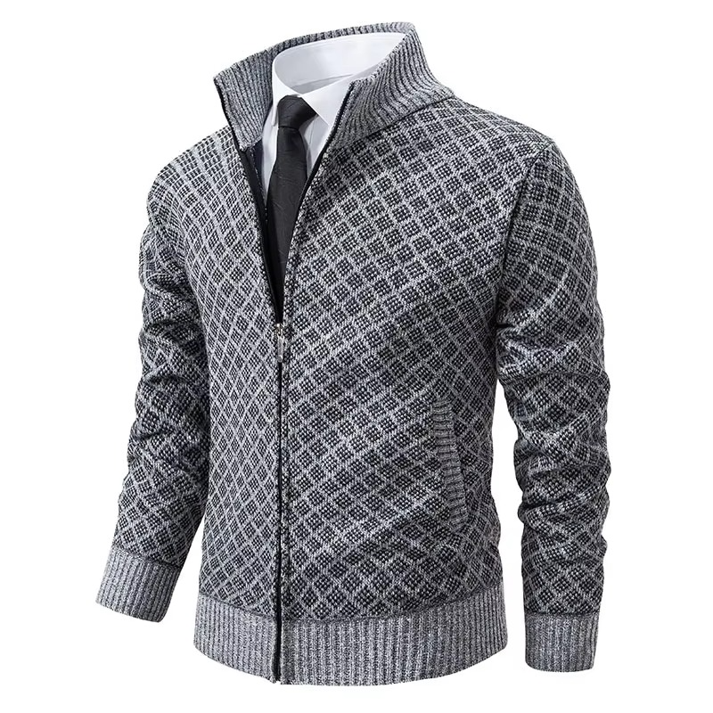 Men's lightweight knitted zip-up cardigan sweater with stand collar in casual everyday style