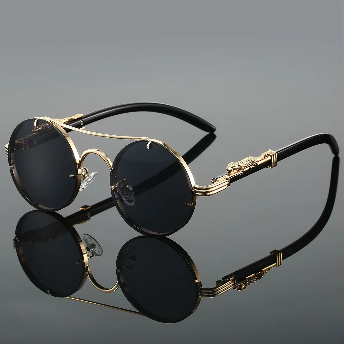 Vintage round unisex sunglasses gold tone double bridge frame red tinted lenses retro style
