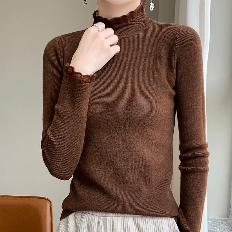 Fairlane cream cashmere long sleeve sweater with charming ruffled mock neck cozy fit
