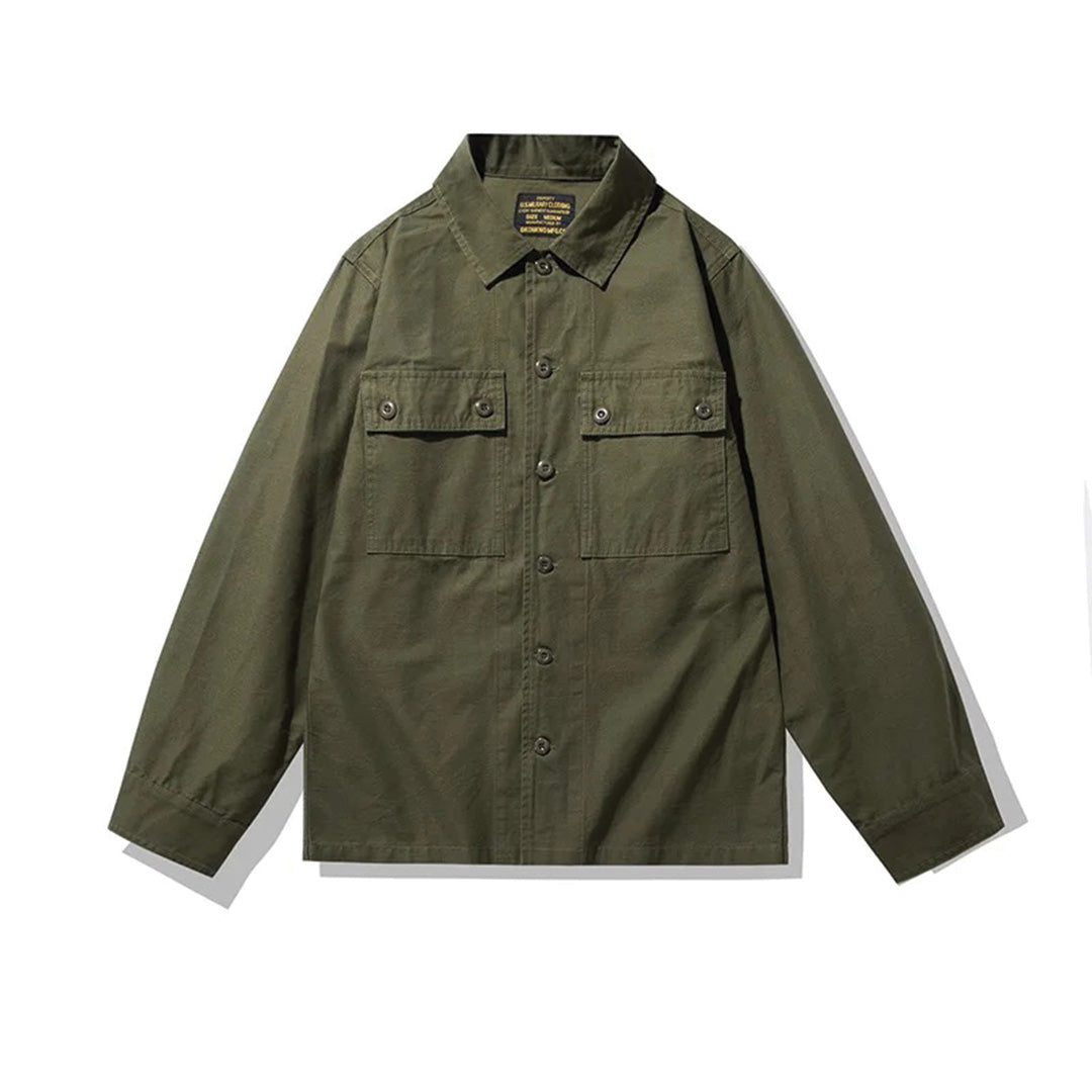 Loose fit cotton shirt-jacket in tiger stripe camo print with multi-pocket vintage workwear design