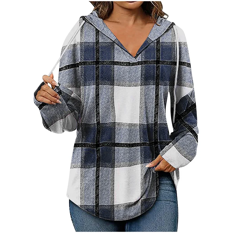 Ruby oversized V-neck hoodie women plaid knit cozy cotton blend streetwear casual fit