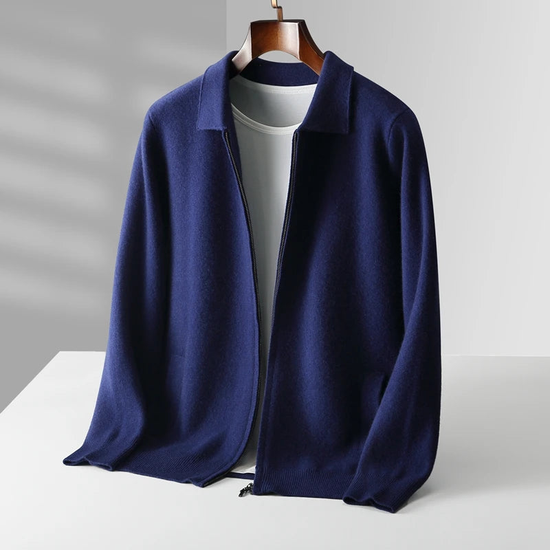 Serena ivory cashmere zip-front cardigan with structured collar and side pockets