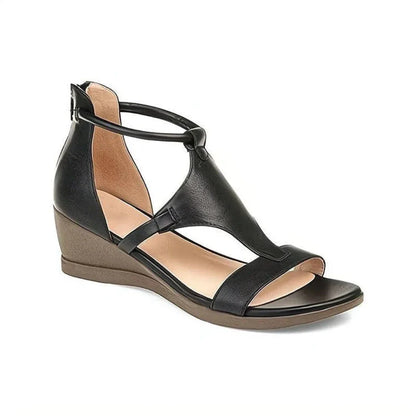 Women's beige comfort ankle strap wedge sandals with cut-out design and cushioned insole