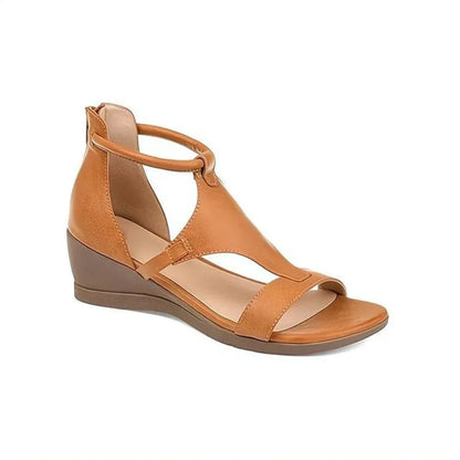 Women's beige comfort ankle strap wedge sandals with cushioned footbed and cut-out design