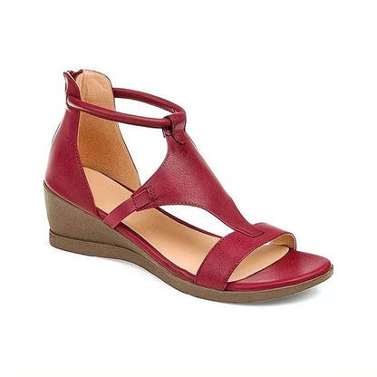 Women's beige comfort ankle strap wedge sandals with breathable cut-out design and cushioned insole