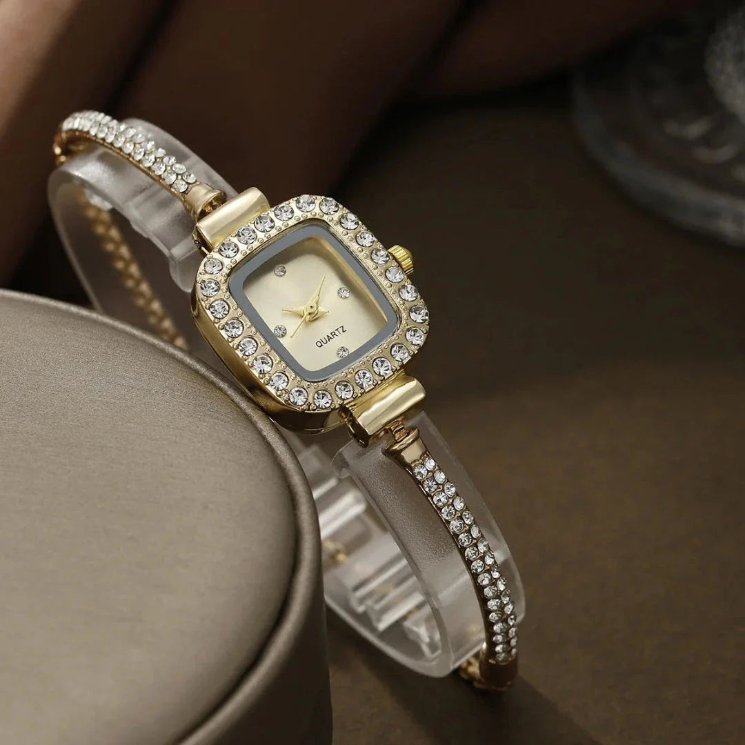 Serene Éclat Crystals Bracelet Watch For Women With Crystal Encrusted Bezel And Elegant Gold Tone Finish Quartz Movement