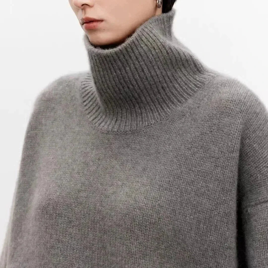 Serenity oversized cashmere high-neck sweater in neutral tone, relaxed fit with plush wool blend texture