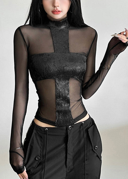 Haut sexy noir à col roulé en tulle transparent pour le printemps - Wavlynn