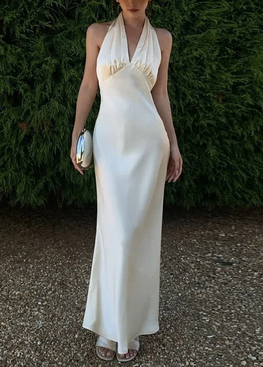 Robe longue sexy en soie à col en V et dos nu, sans manches - Wavlynn