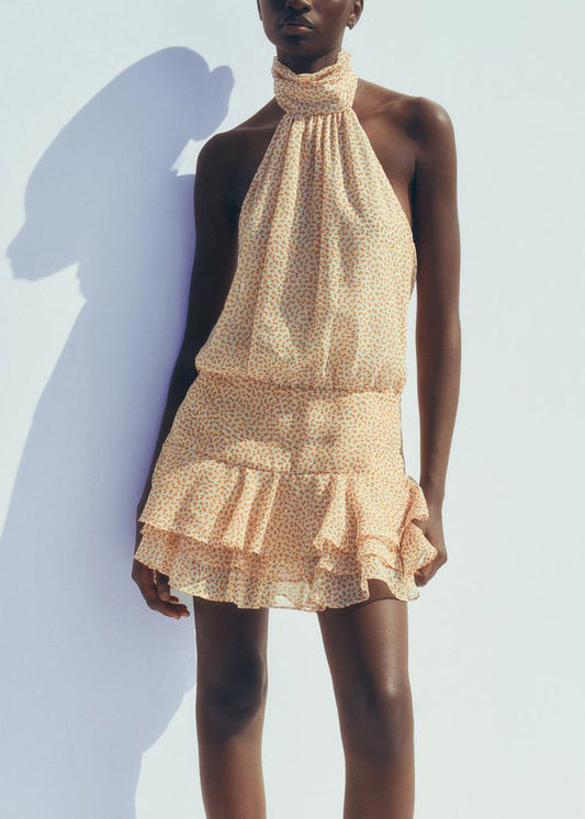 Robe sexy en mousseline de soie jaune dos nu à volants et imprimé sans manches - Wavlynn