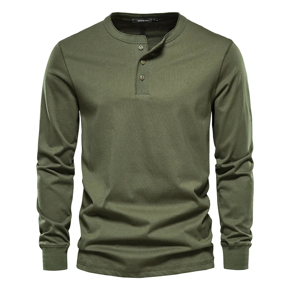 Navy blue men's long sleeve Henley shirt classic casual fit with button-up placket neckline
