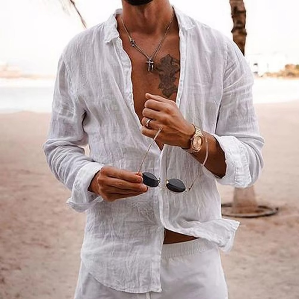 Men's white cotton linen casual shirt loose fit breathable lightweight vacation everyday wear