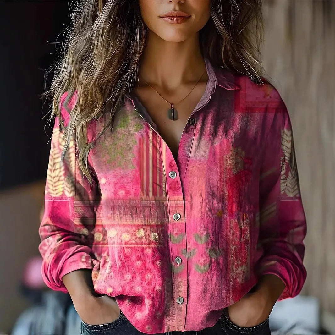 Women's vintage floral button-down shirt in terracotta and dusty rose with tapestry botanical print