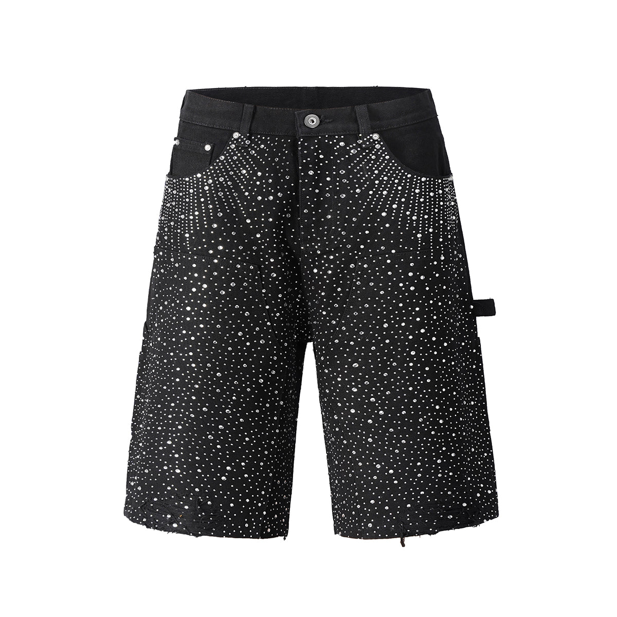 Gradient faded denim calf-length loose shorts with sparkling rhinestone embellishments and distressed details