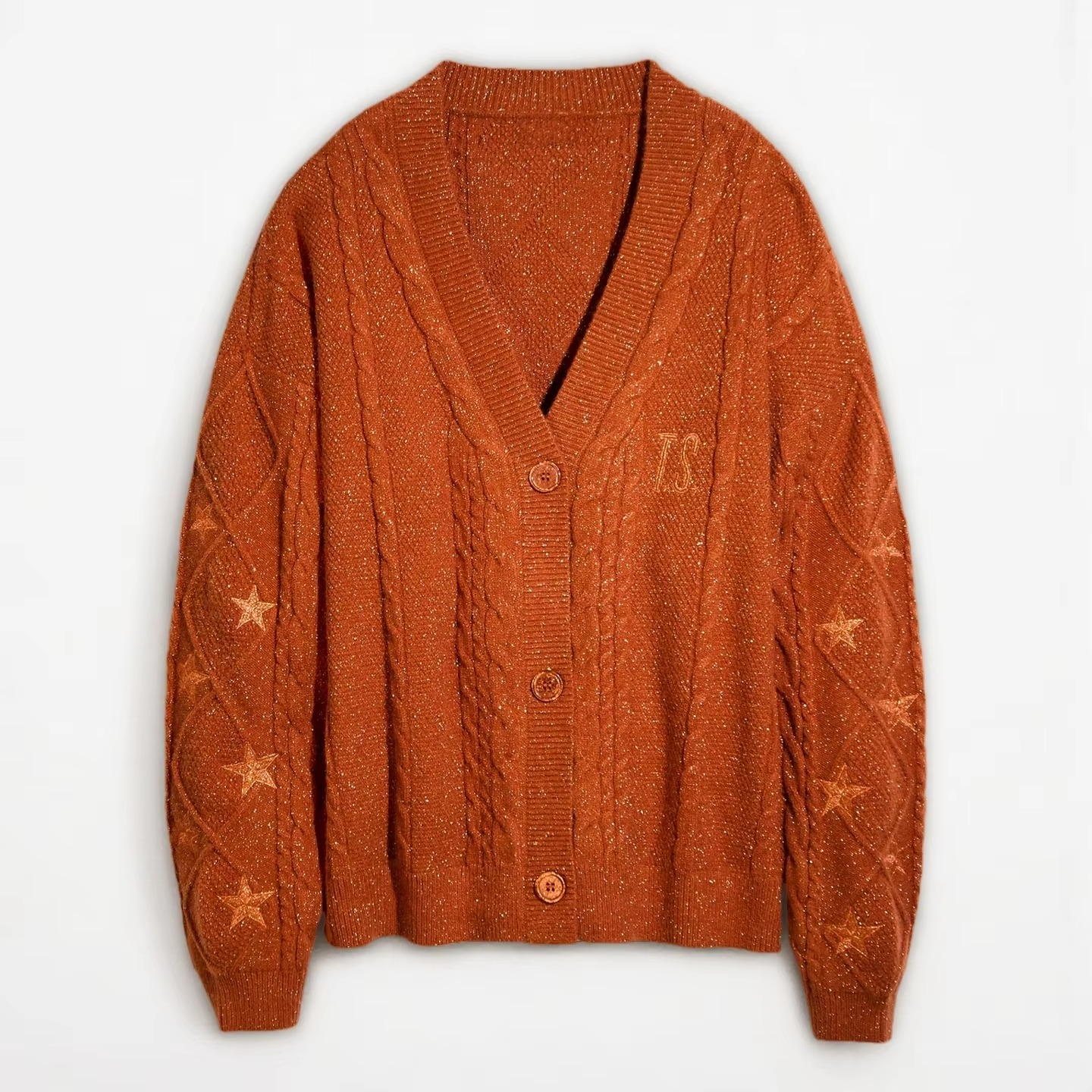 Women's brown knit cardigan with autumn maple leaf embroidery, cozy midweight relaxed-fit layer