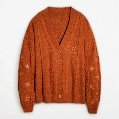 Women's brown knit cardigan with autumn maple leaf embroidery, cozy midweight relaxed-fit layer