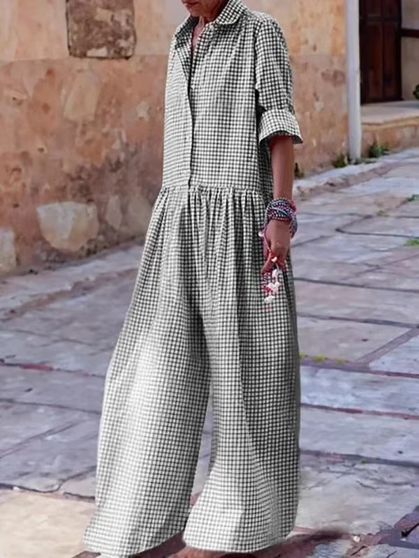 Women's plaid wide-leg jumpsuit with lapel collar and front button closure for effortless style
