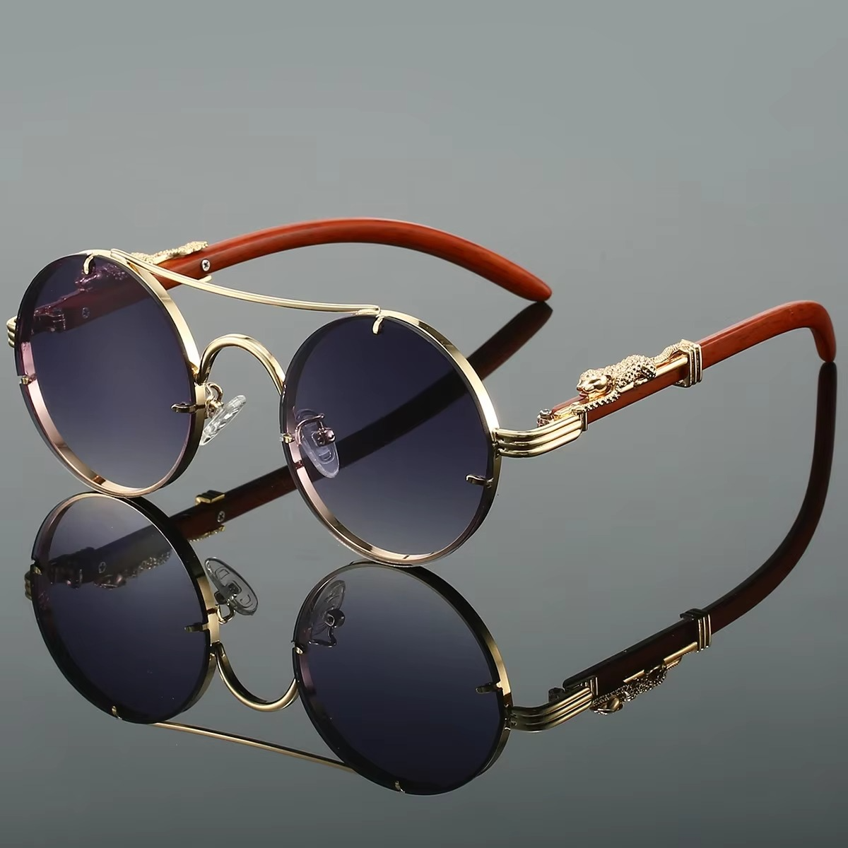 Vintage round unisex sunglasses gold tone double bridge frame red tinted lenses retro style