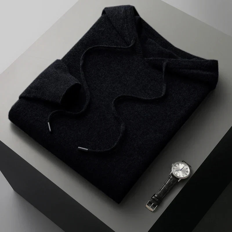 Men's gray cashmere hoodie classic fit soft knitted fabric with ribbed cuffs everyday luxury