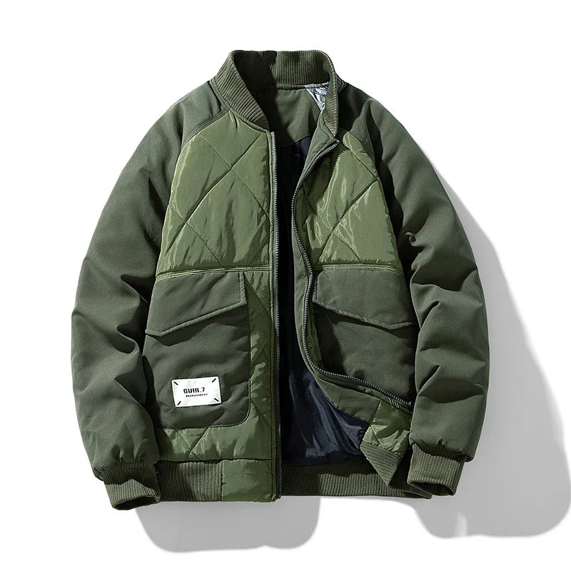 Black quilted padded cargo bomber jacket with ribbed cuffs and utility pockets