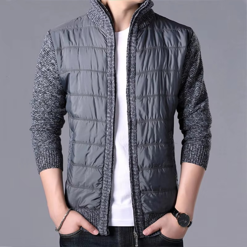 Men's brown patchwork thick knit cardigan jacket slim fit winter outerwear with cozy plush blend