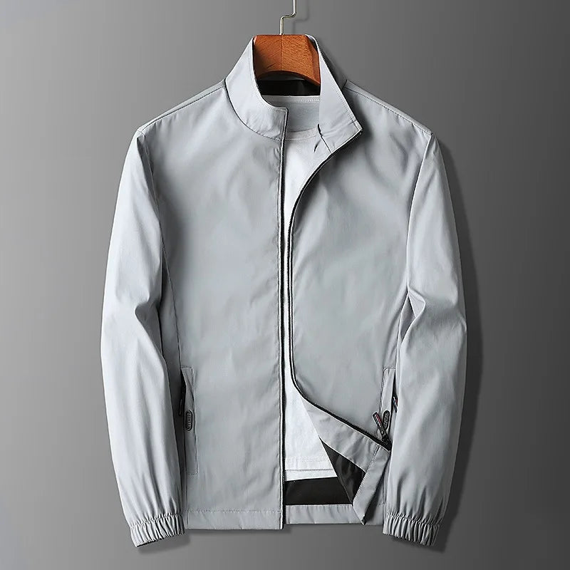 Men's slim fit lightweight jacket with stand collar, zipper pockets, breathable Nordic minimalist style