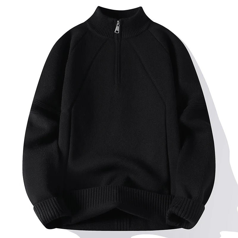 Men's mock neck half-zip knit sweater in neutral tone, slim fit with clean collar detail