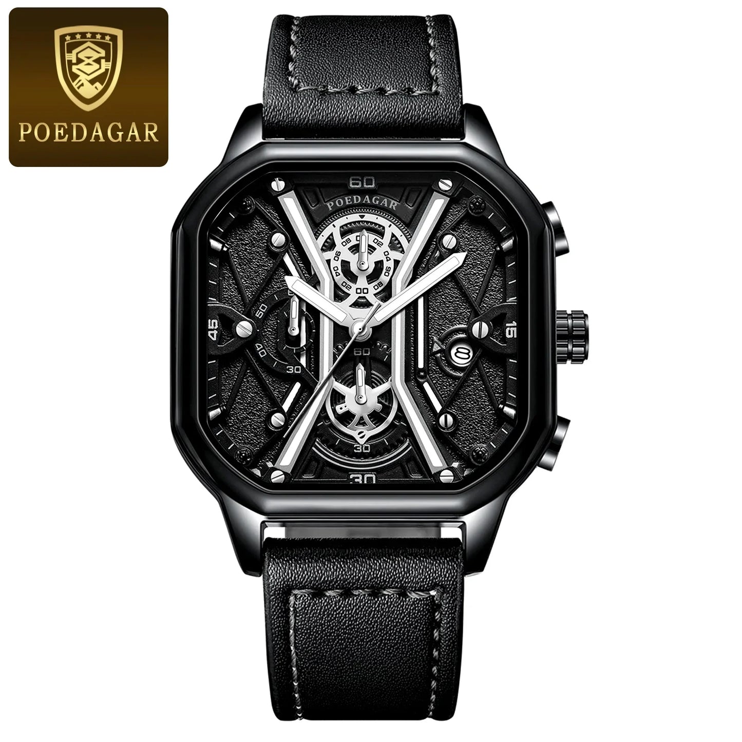 Poedagar skeleton chronograph watch black case gold accents transparent dial quartz movement