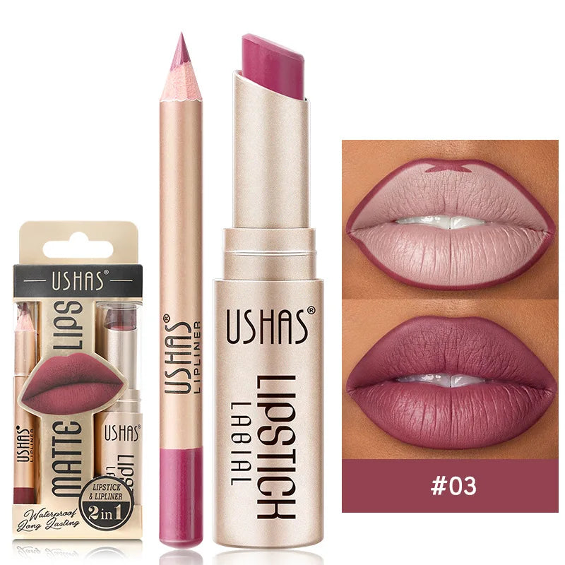 Dual-purpose matte lipstick and liner combo with precise sculpting tip for flawless long-lasting color